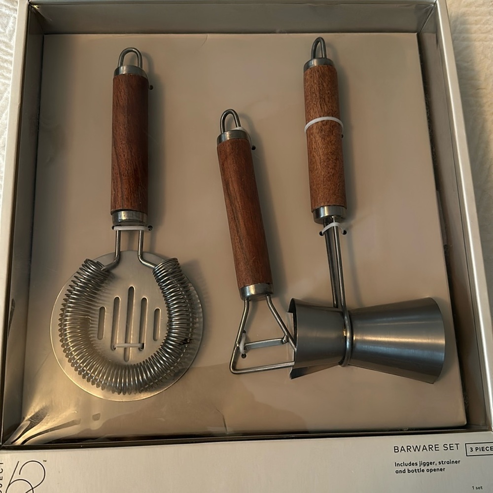 Project 62 barware set. Pewter with wooden handles. New in box.